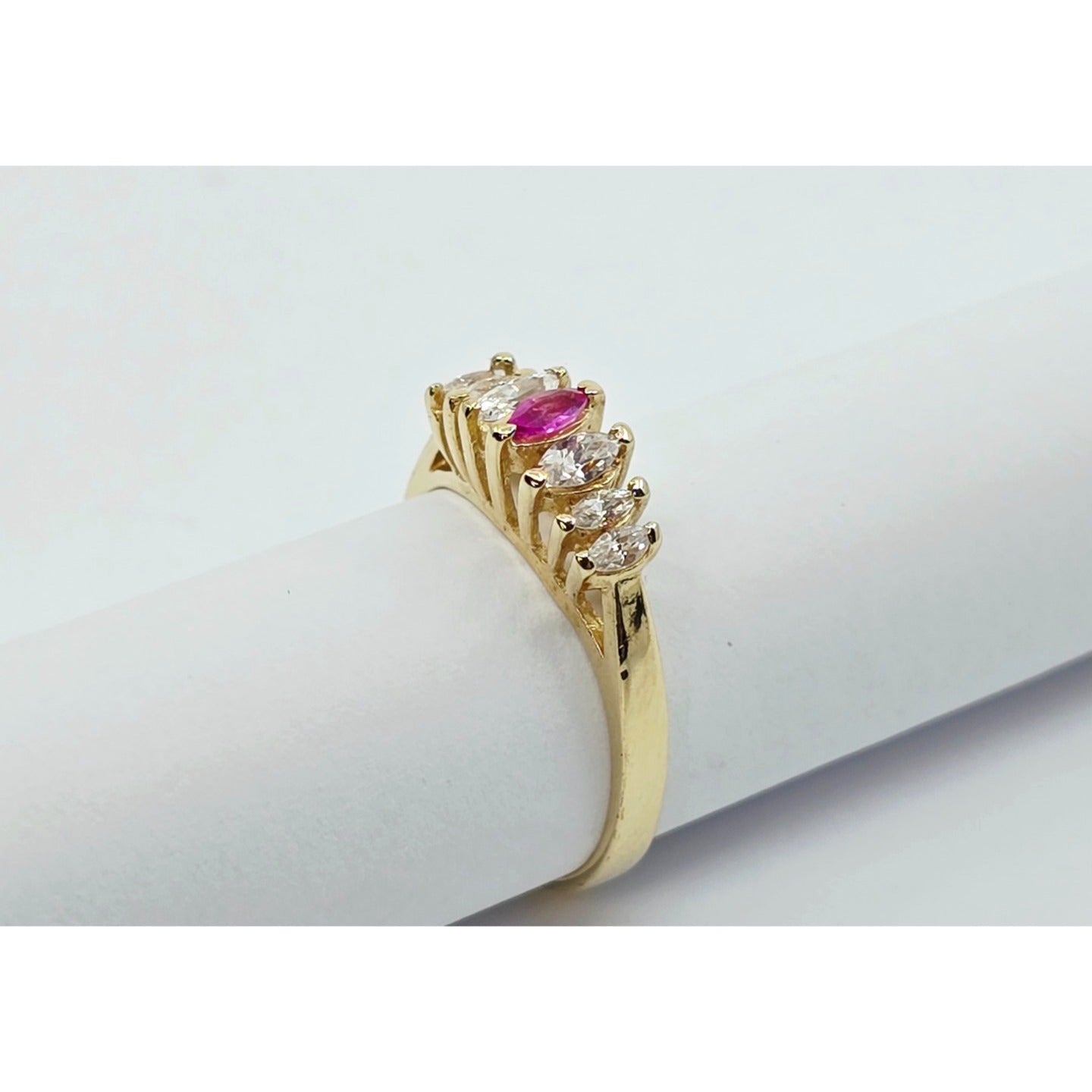 14K Yellow Gold Marquise Cut Ruby & CZ Ring