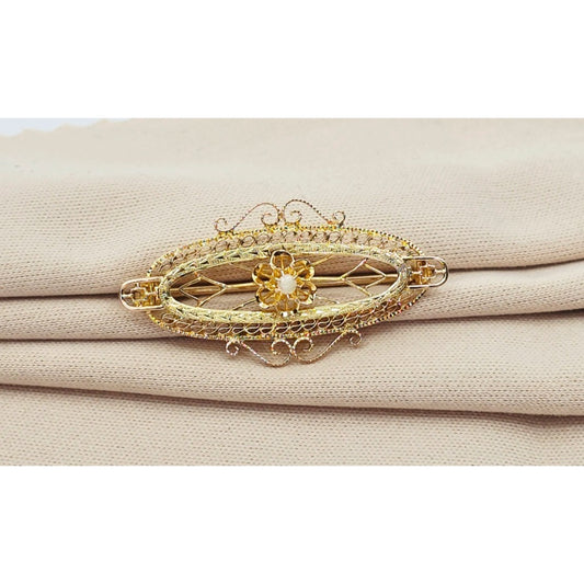 Vintage 10K Yellow Gold Round Pearl Brooch Pin