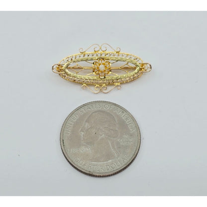 Vintage 10K Yellow Gold Round Pearl Brooch Pin