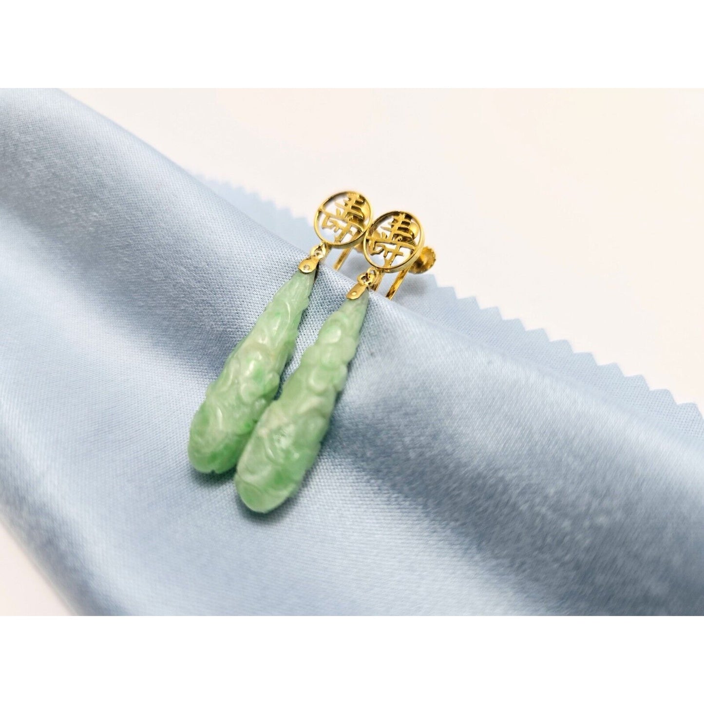 14K Yellow Gold Drop Dangle Non-Pierced Jade Jadeite Long Life Earrings