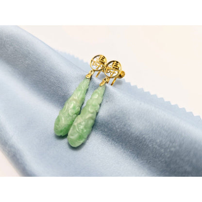 14K Yellow Gold Drop Dangle Non-Pierced Jade Jadeite Long Life Earrings