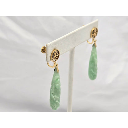 14K Yellow Gold Drop Dangle Non-Pierced Jade Jadeite Long Life Earrings