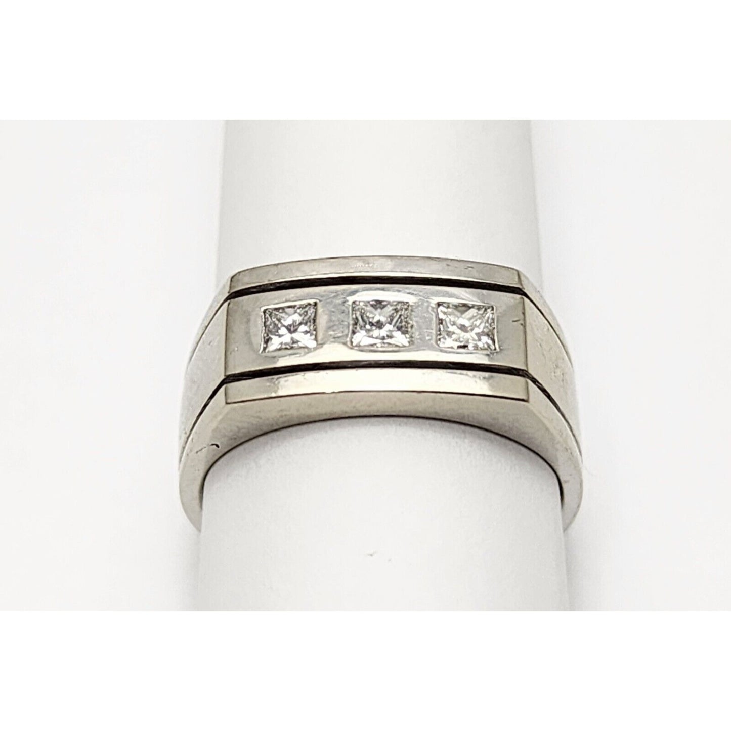 14K White Gold 3 Princess Cut Diamond Men's Ring