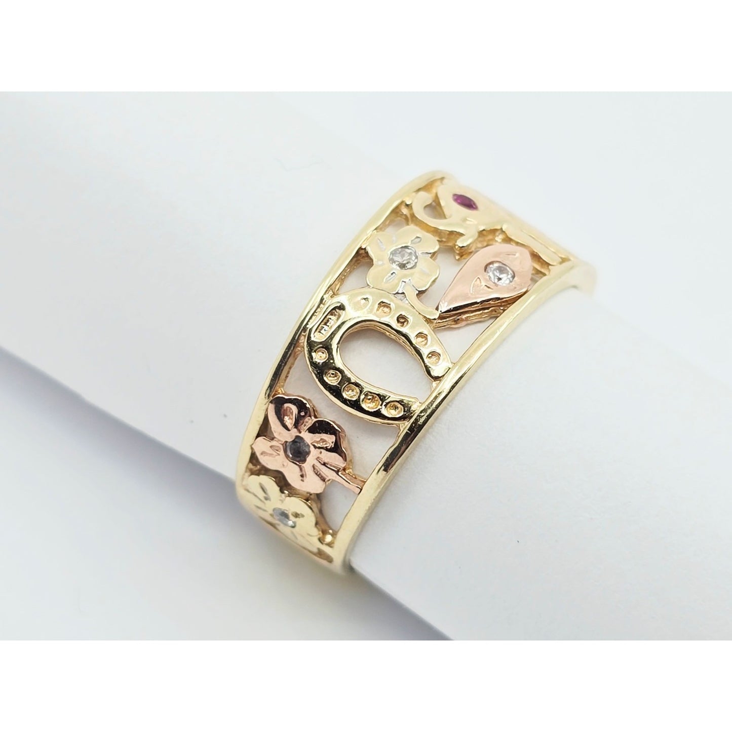 14K Two Tone Gold Lucky Symbols CZ Ring
