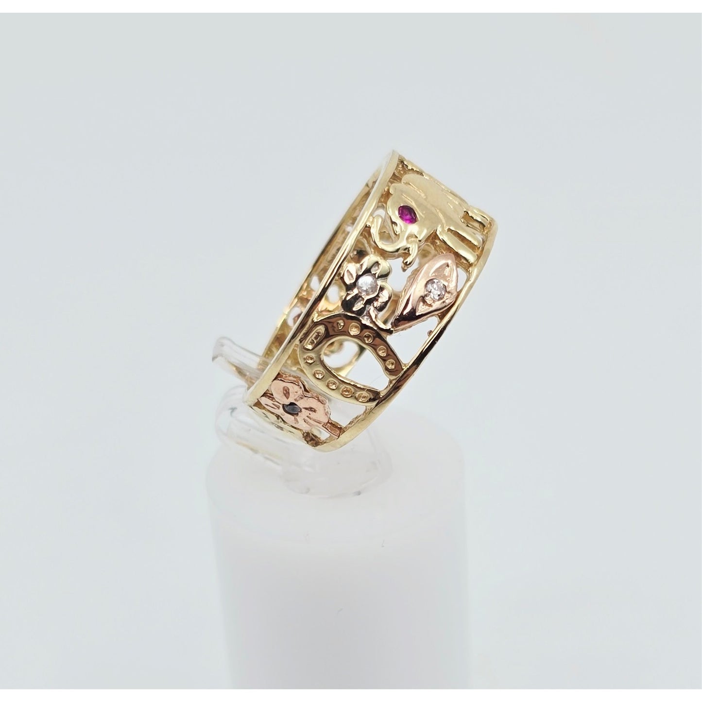 14K Two Tone Gold Lucky Symbols CZ Ring