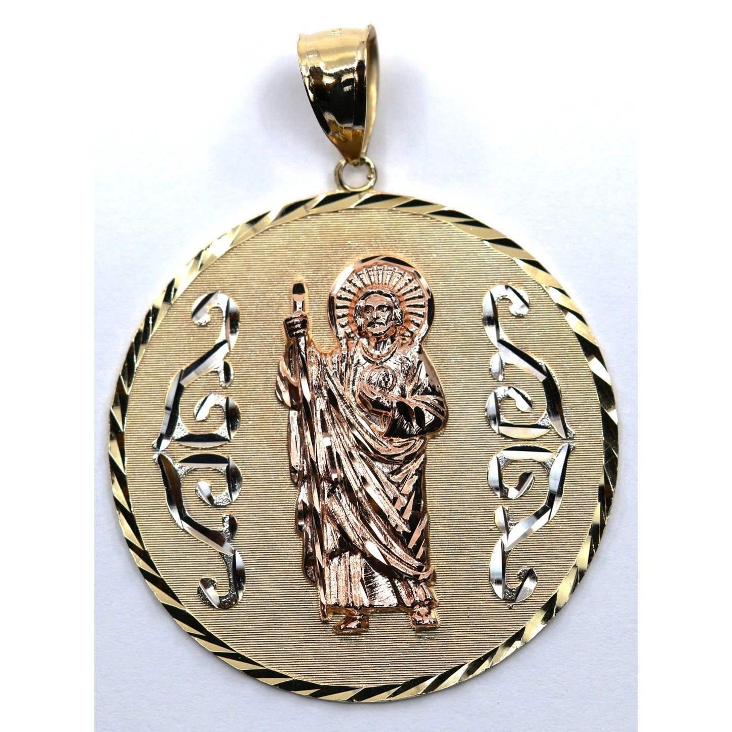 Large 14K Tri Tone Gold Saint Jude Round Charm Pendant