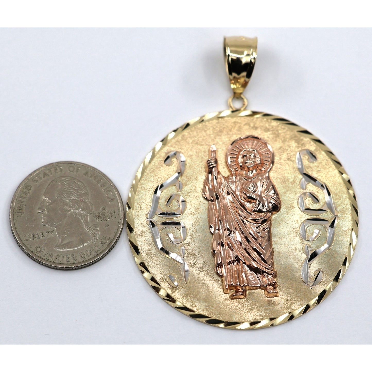 Large 14K Tri Tone Gold Saint Jude Round Charm Pendant