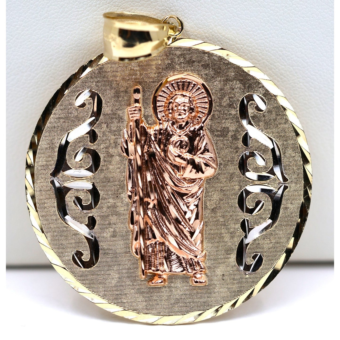 Large 14K Tri Tone Gold Saint Jude Round Charm Pendant