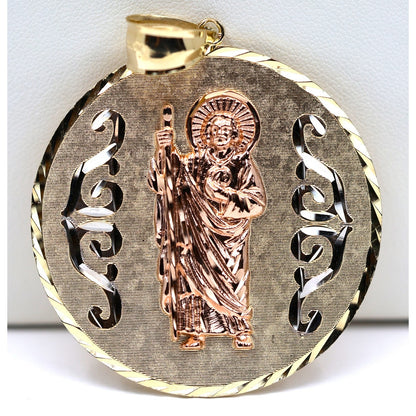 Large 14K Tri Tone Gold Saint Jude Round Charm Pendant