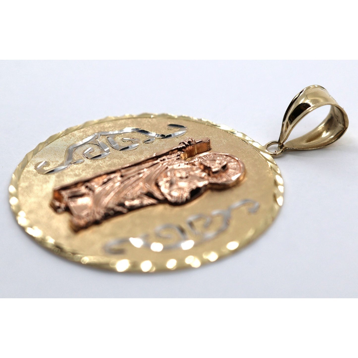 Large 14K Tri Tone Gold Saint Jude Round Charm Pendant