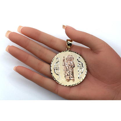 Large 14K Tri Tone Gold Saint Jude Round Charm Pendant