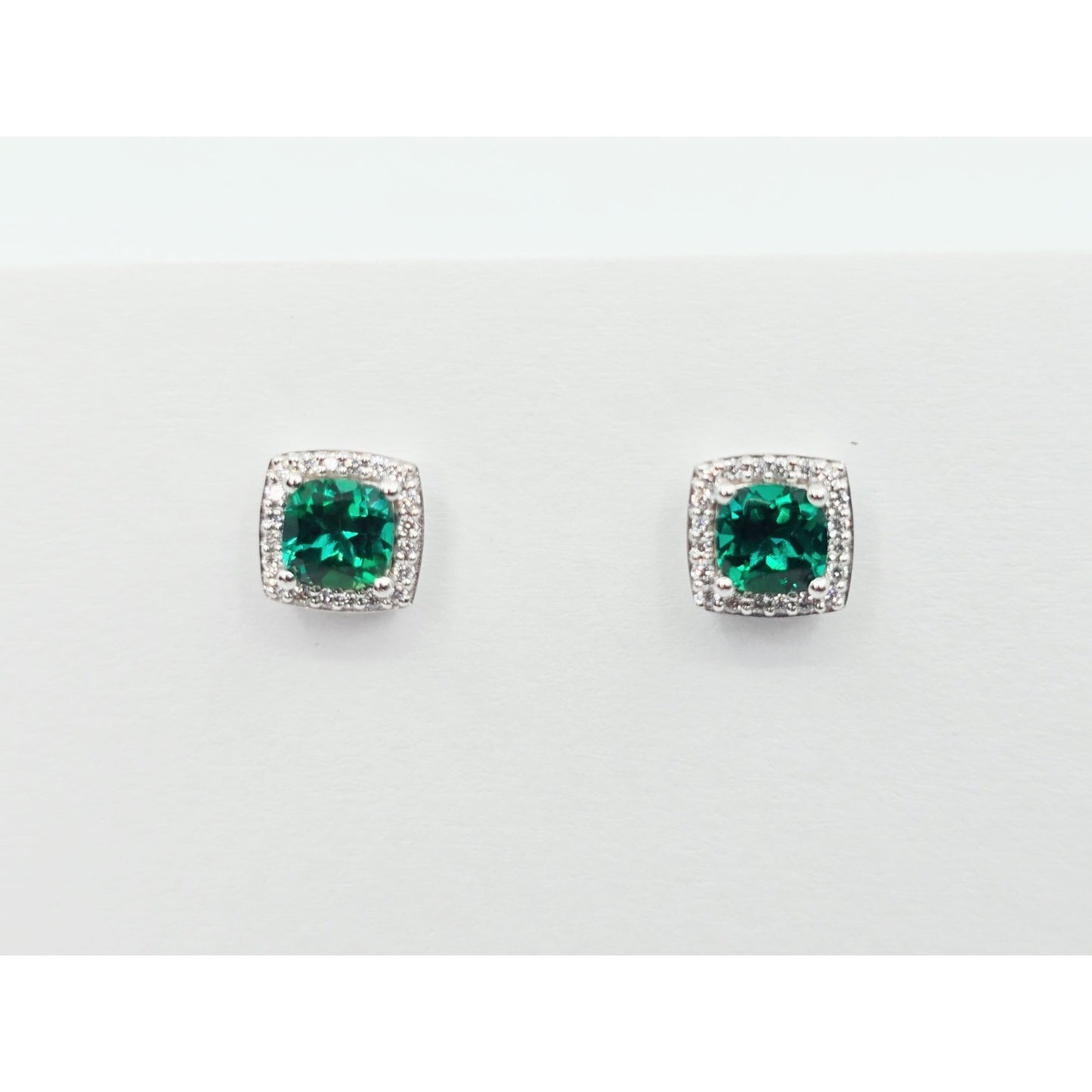 14K White Gold Cushion Cut Lab Grown Emerald & Diamond Stud Earrings