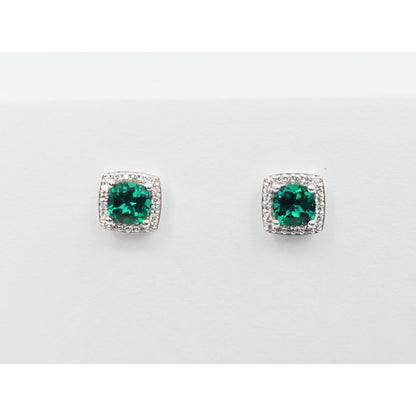 14K White Gold Cushion Cut Lab Grown Emerald & Diamond Stud Earrings