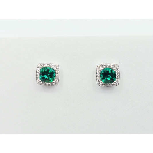 14K White Gold Cushion Cut Lab Grown Emerald & Diamond Stud Earrings