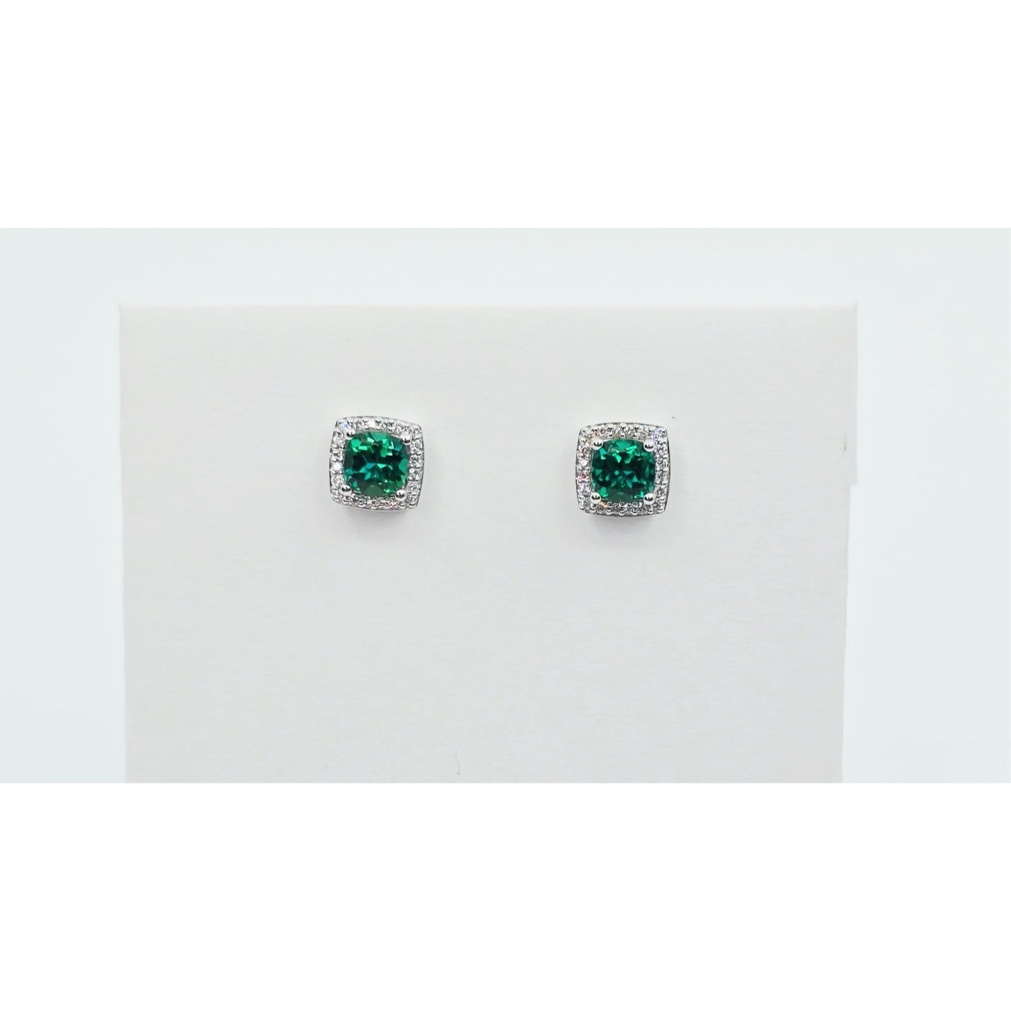 14K White Gold Cushion Cut Lab Grown Emerald & Diamond Stud Earrings