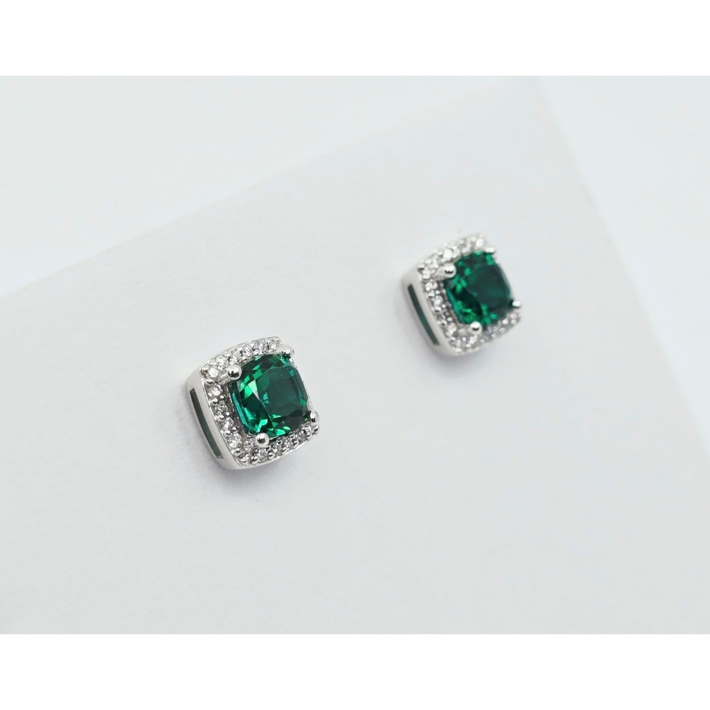 14K White Gold Cushion Cut Lab Grown Emerald & Diamond Stud Earrings