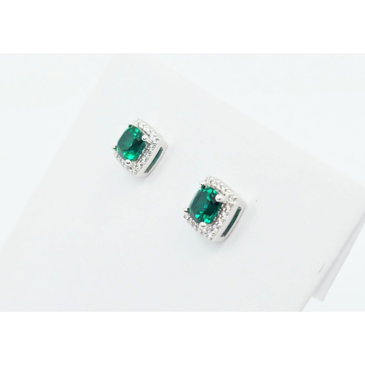 14K White Gold Cushion Cut Lab Grown Emerald & Diamond Stud Earrings