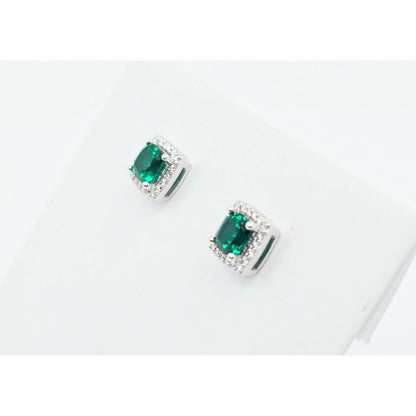 14K White Gold Cushion Cut Lab Grown Emerald & Diamond Stud Earrings