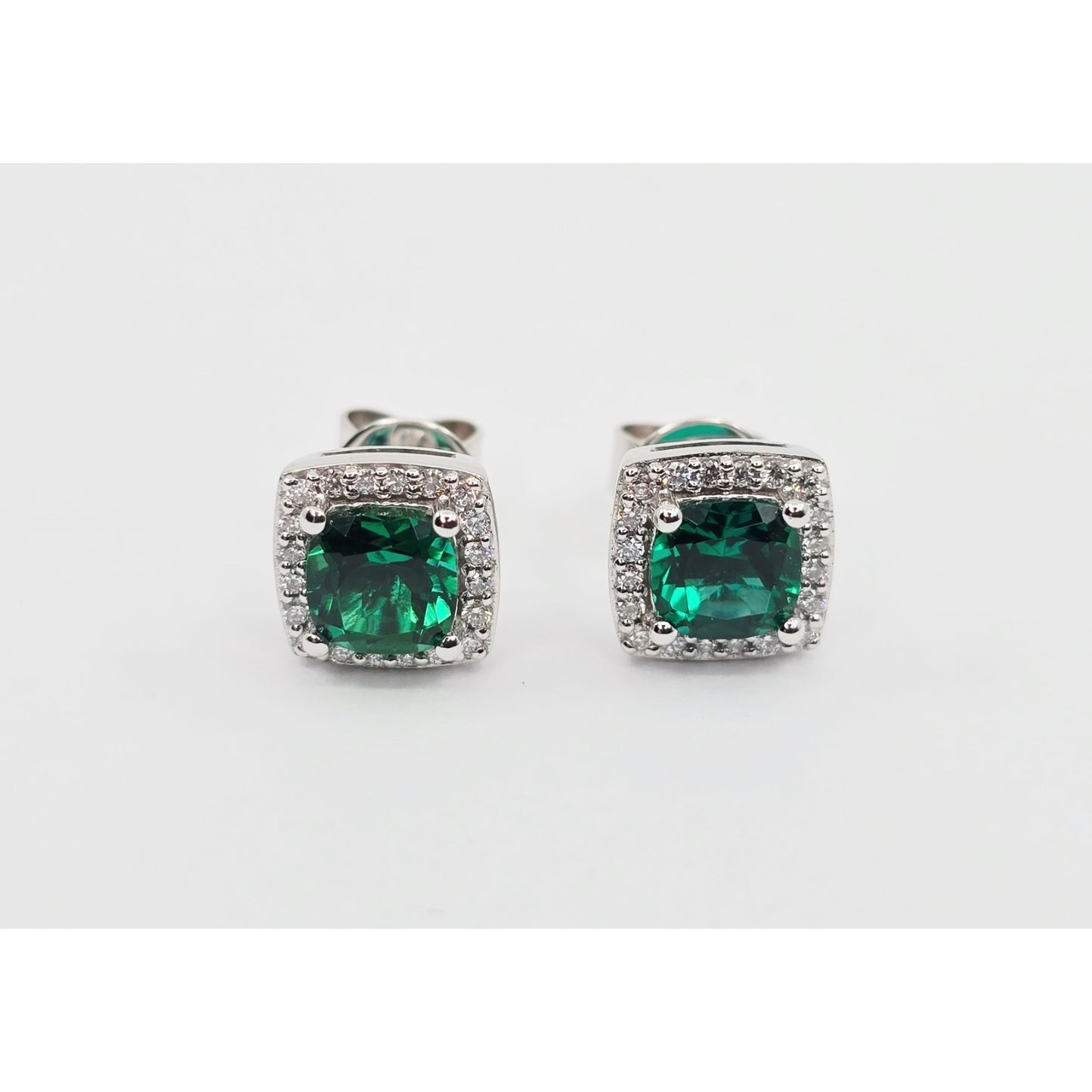 14K White Gold Cushion Cut Lab Grown Emerald & Diamond Stud Earrings
