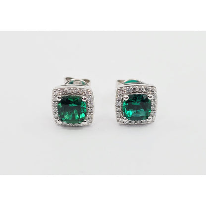 14K White Gold Cushion Cut Lab Grown Emerald & Diamond Stud Earrings