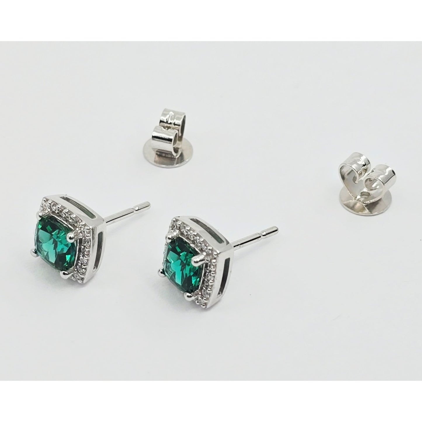 14K White Gold Cushion Cut Lab Grown Emerald & Diamond Stud Earrings