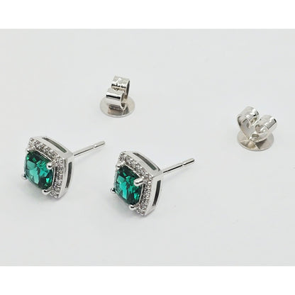14K White Gold Cushion Cut Lab Grown Emerald & Diamond Stud Earrings