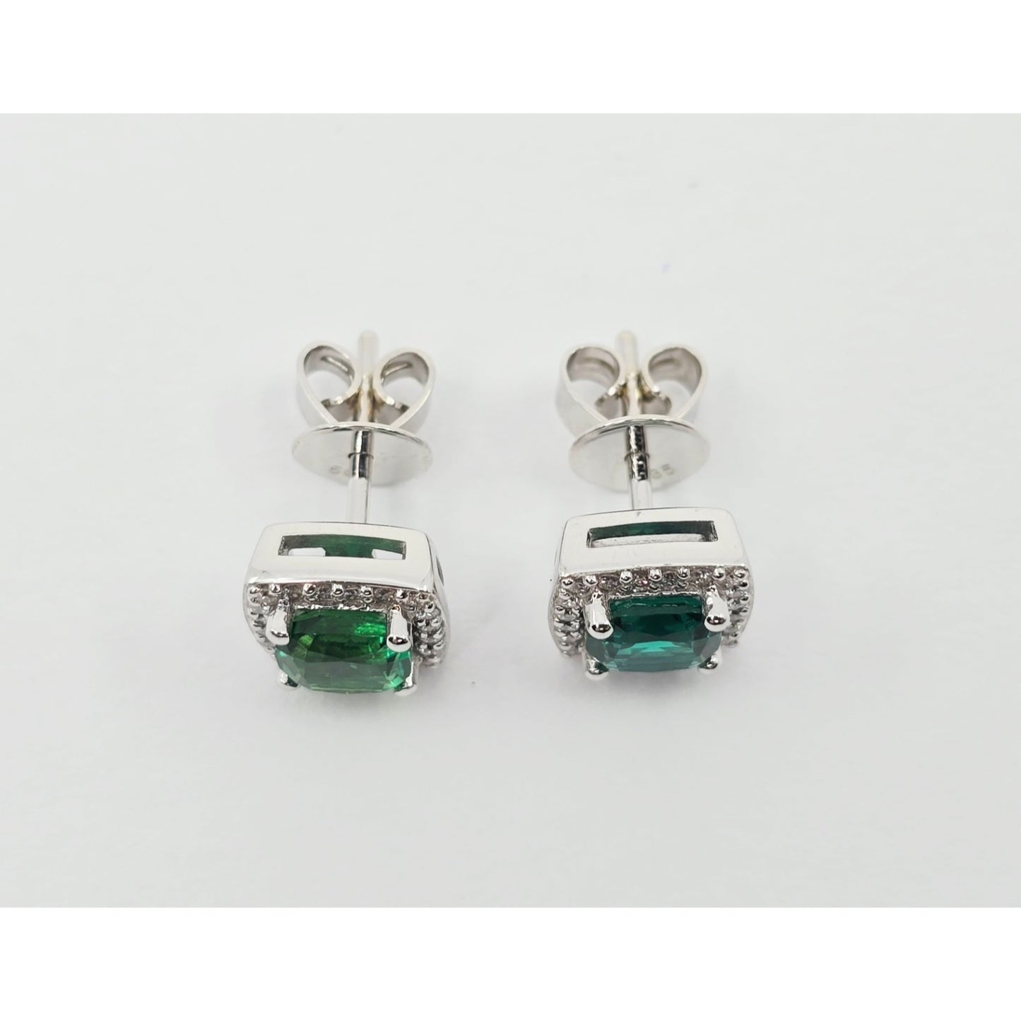 14K White Gold Cushion Cut Lab Grown Emerald & Diamond Stud Earrings
