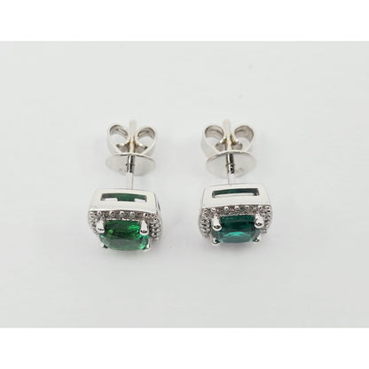 14K White Gold Cushion Cut Lab Grown Emerald & Diamond Stud Earrings