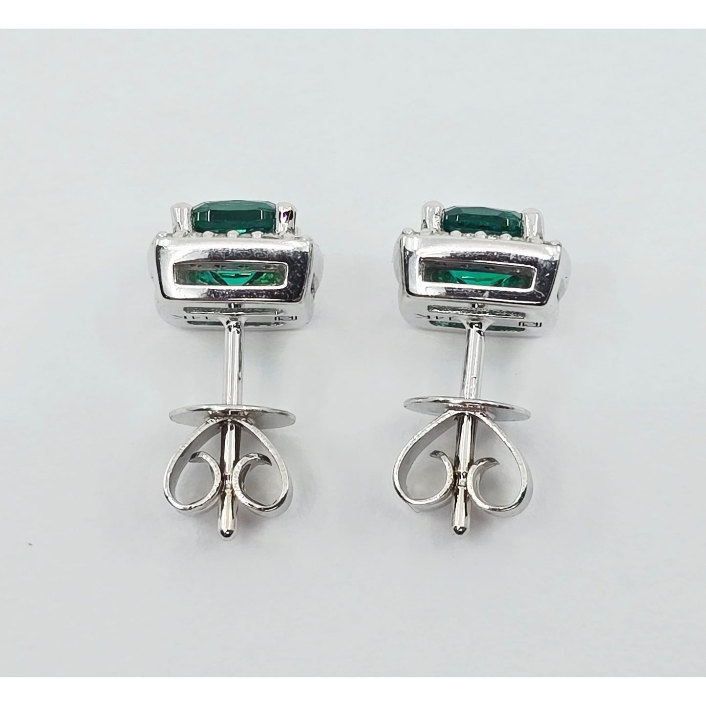 14K White Gold Cushion Cut Lab Grown Emerald & Diamond Stud Earrings