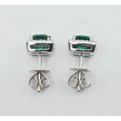 14K White Gold Cushion Cut Lab Grown Emerald & Diamond Stud Earrings