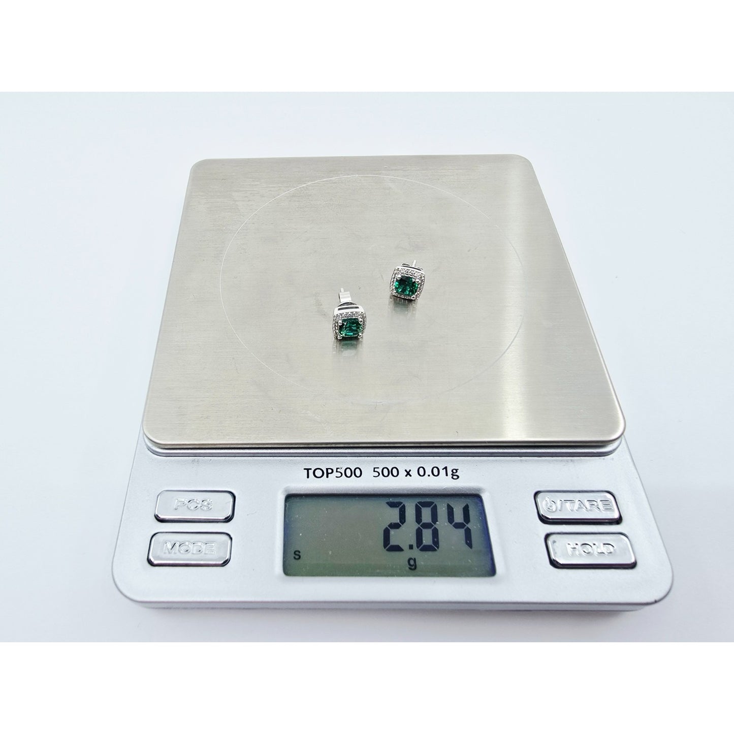 14K White Gold Cushion Cut Lab Grown Emerald & Diamond Stud Earrings