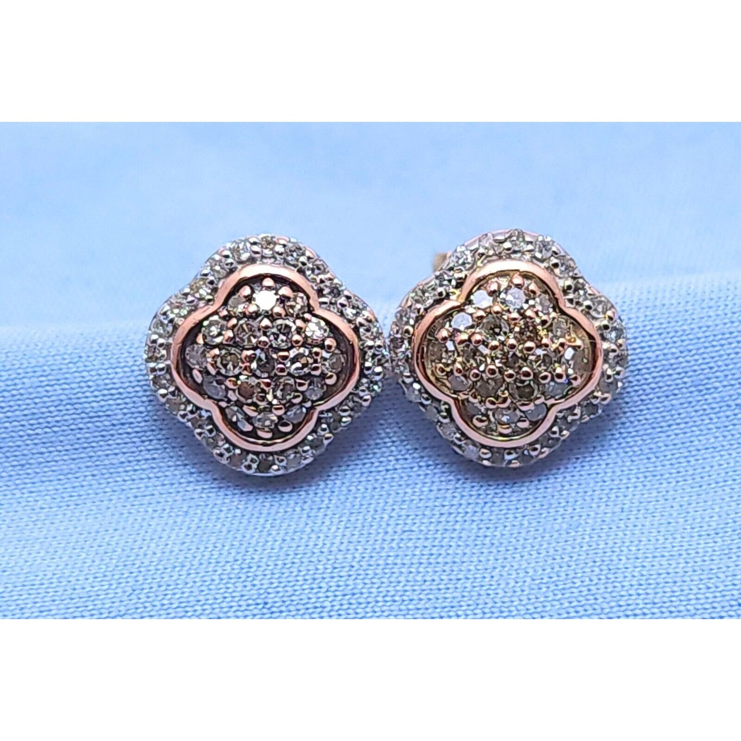 10K Rose Gold Flower Round Diamond Stud Earrings