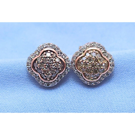 10K Rose Gold Flower Round Diamond Stud Earrings