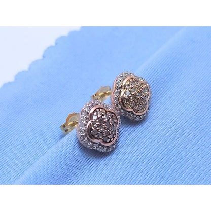 10K Rose Gold Flower Round Diamond Stud Earrings