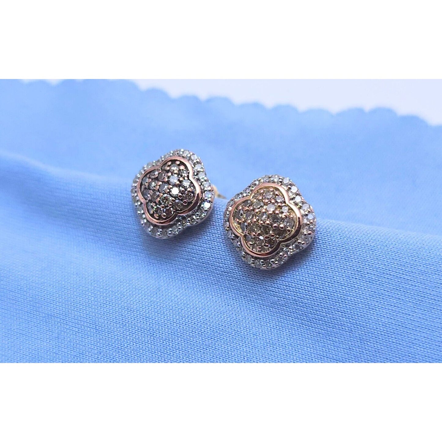 10K Rose Gold Flower Round Diamond Stud Earrings