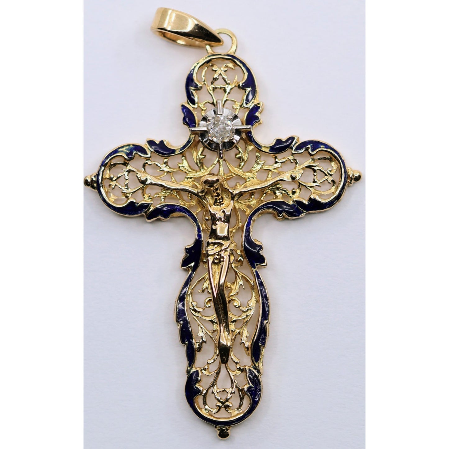 18K Yellow Gold Religious Enamel European Cut Diamond Jesus Cross Pendant Charm