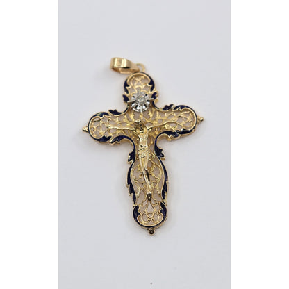 18K Yellow Gold Religious Enamel European Cut Diamond Jesus Cross Pendant Charm