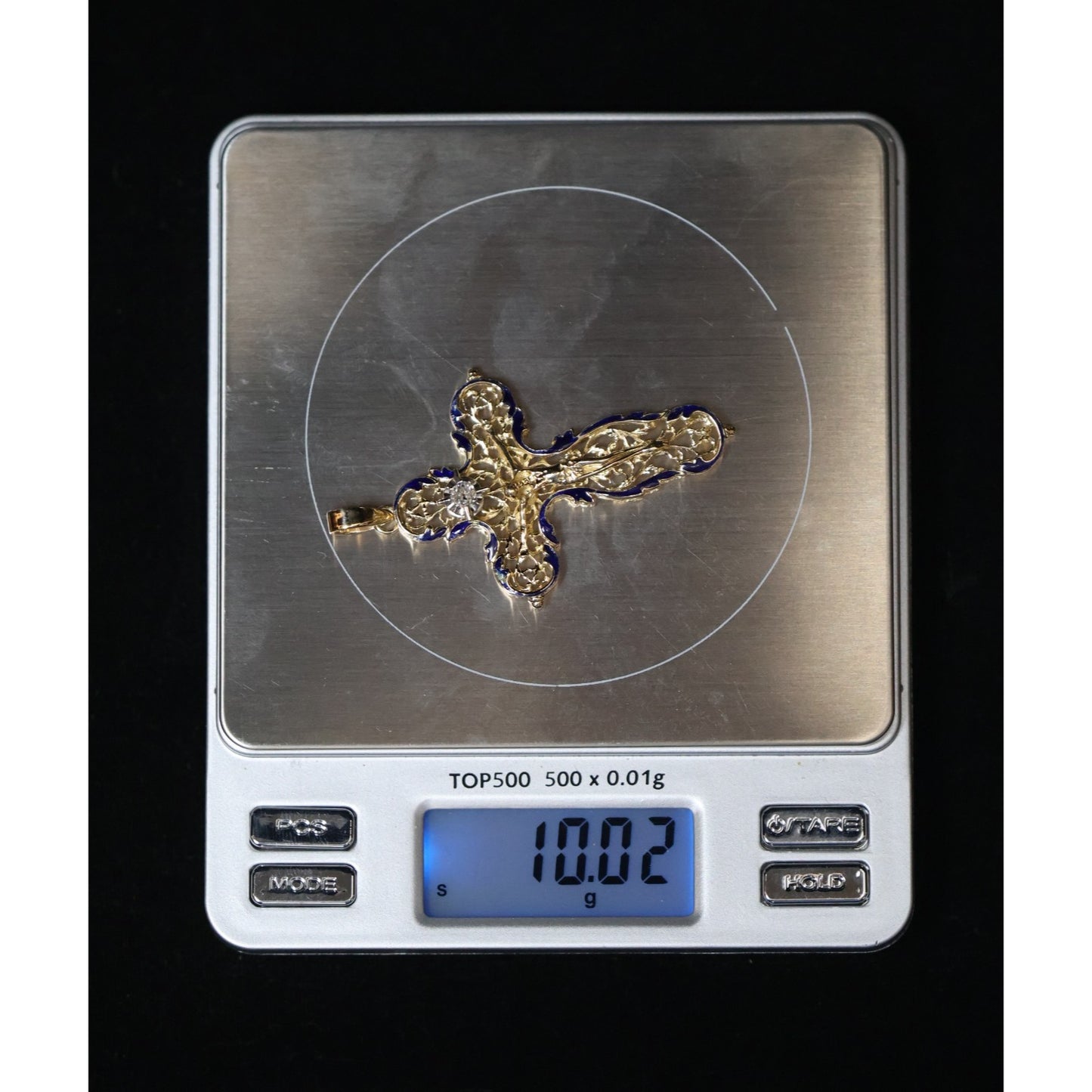 18K Yellow Gold Religious Enamel European Cut Diamond Jesus Cross Pendant Charm