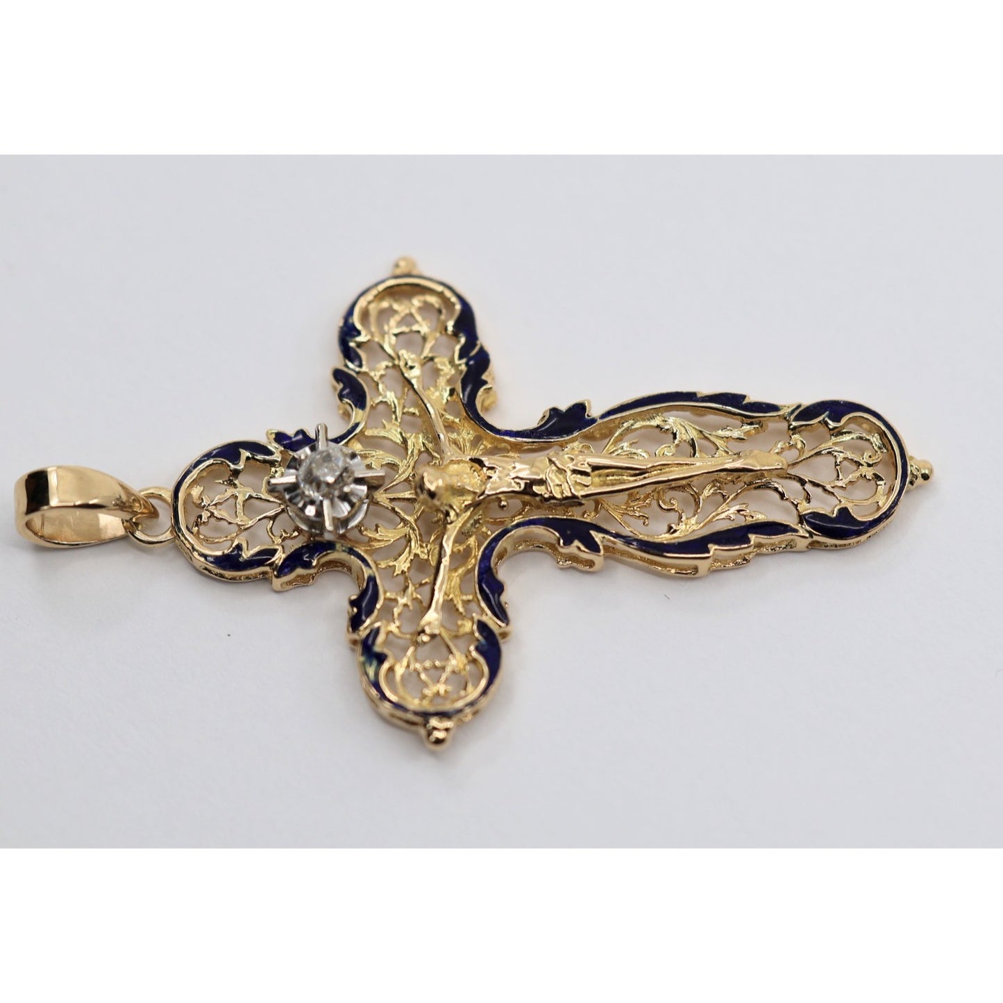 18K Yellow Gold Religious Enamel European Cut Diamond Jesus Cross Pendant Charm