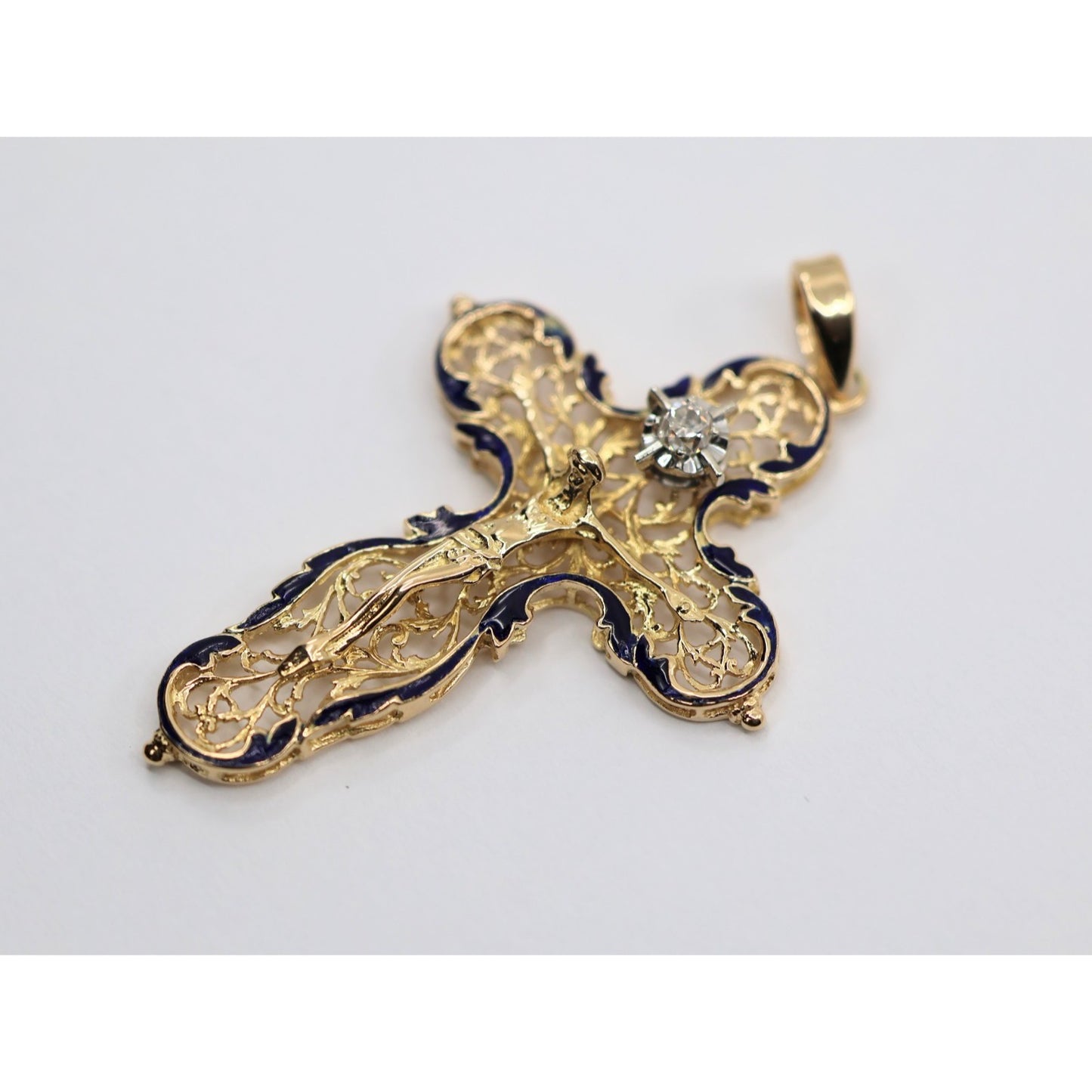 18K Yellow Gold Religious Enamel European Cut Diamond Jesus Cross Pendant Charm