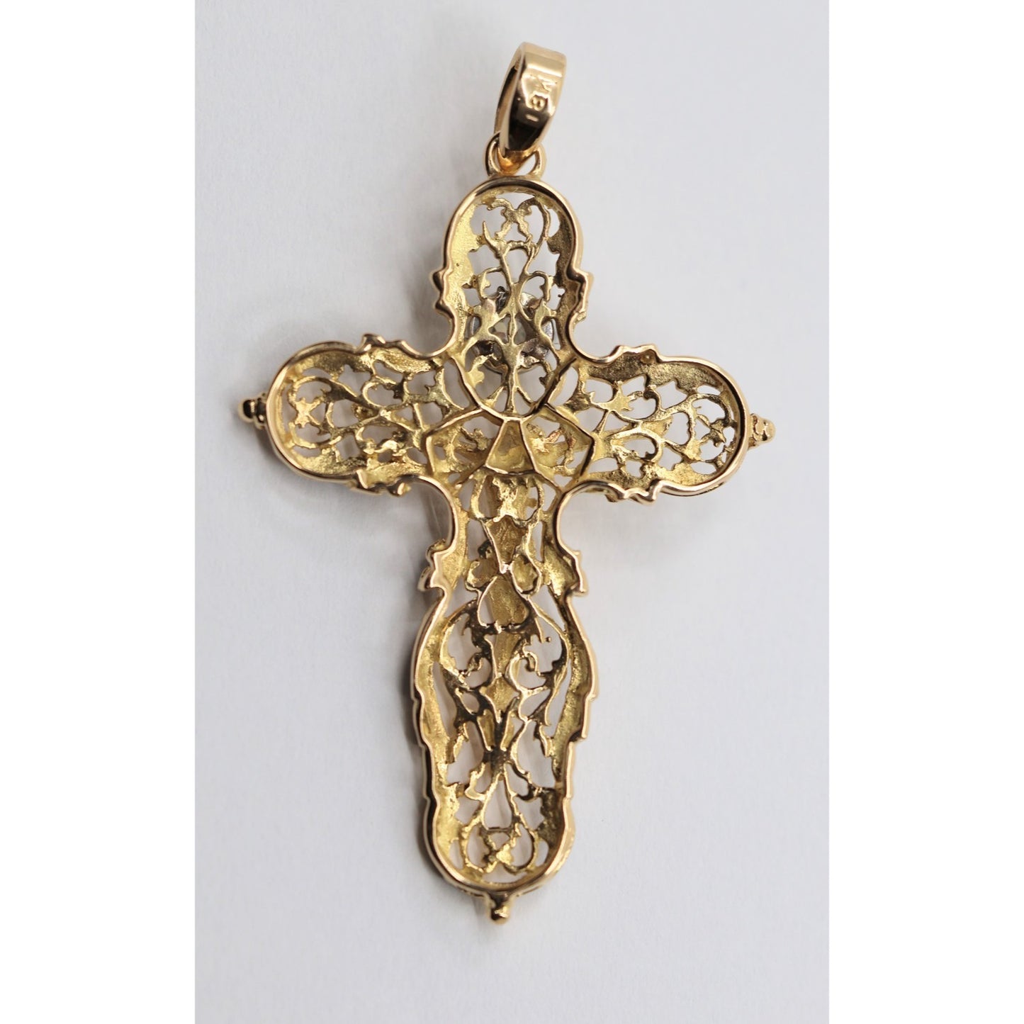 18K Yellow Gold Religious Enamel European Cut Diamond Jesus Cross Pendant Charm