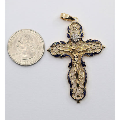 18K Yellow Gold Religious Enamel European Cut Diamond Jesus Cross Pendant Charm
