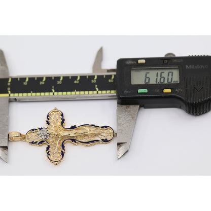 18K Yellow Gold Religious Enamel European Cut Diamond Jesus Cross Pendant Charm