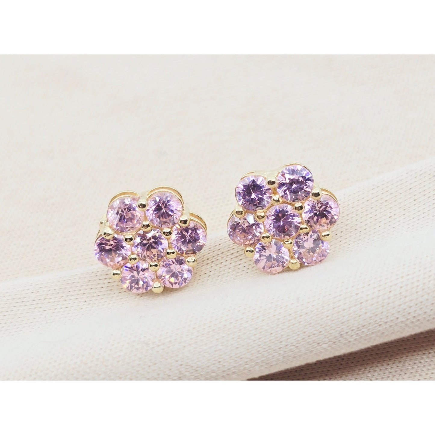 10K Yellow Gold Flower Rose Color CZ Stud Earrings