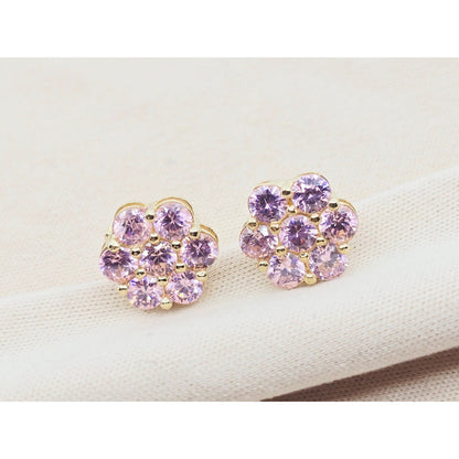 10K Yellow Gold Flower Rose Color CZ Stud Earrings