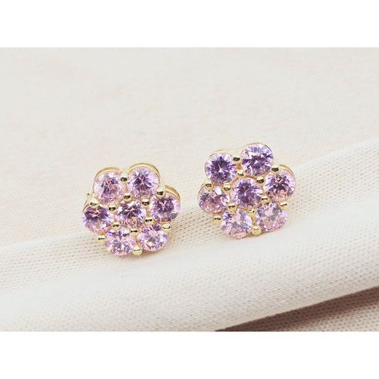10K Yellow Gold Flower Rose Color CZ Stud Earrings