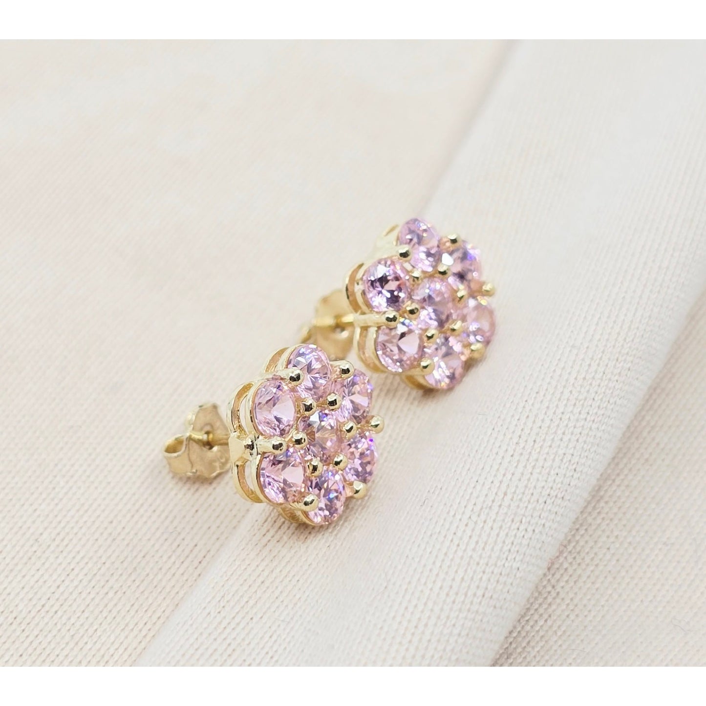 10K Yellow Gold Flower Rose Color CZ Stud Earrings