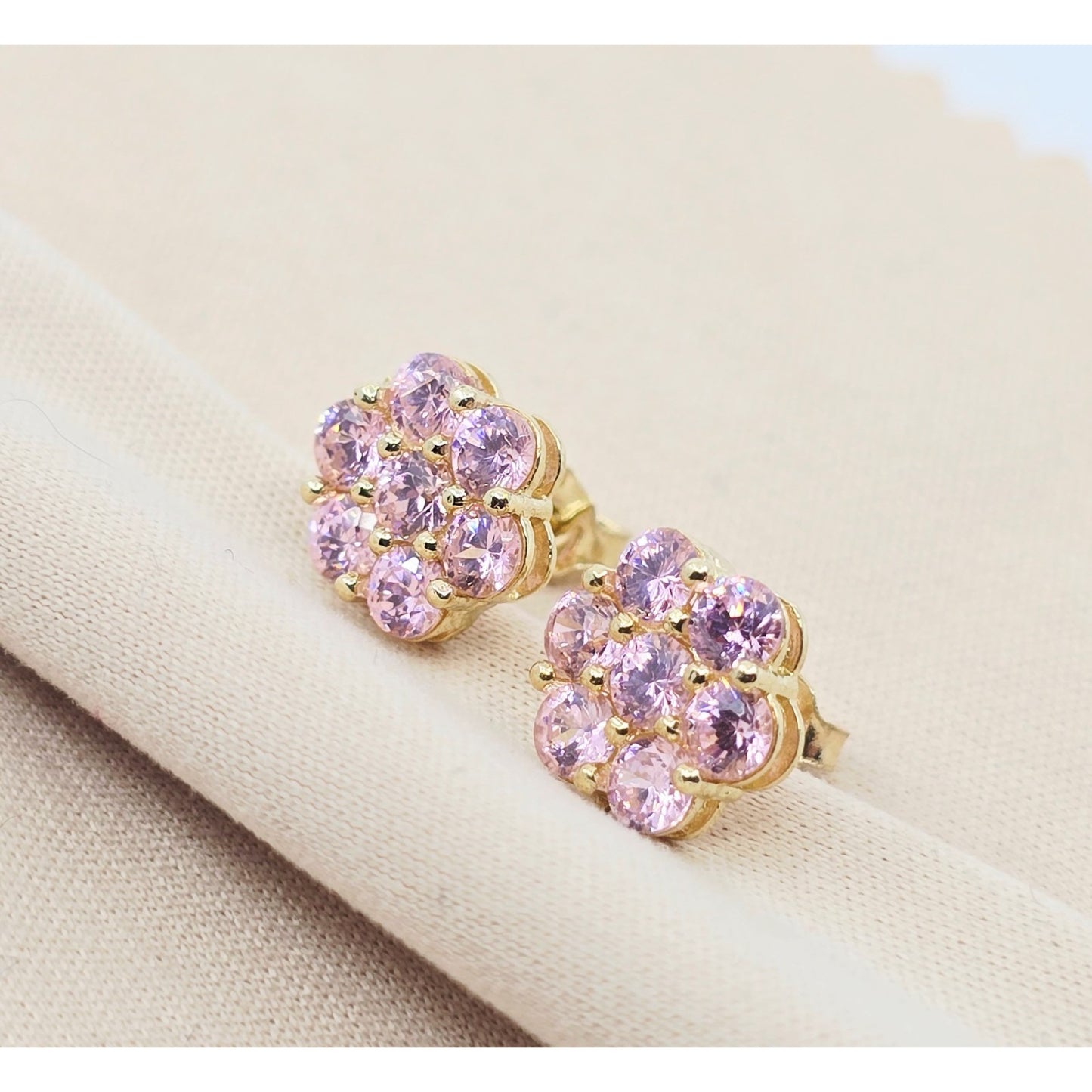 10K Yellow Gold Flower Rose Color CZ Stud Earrings