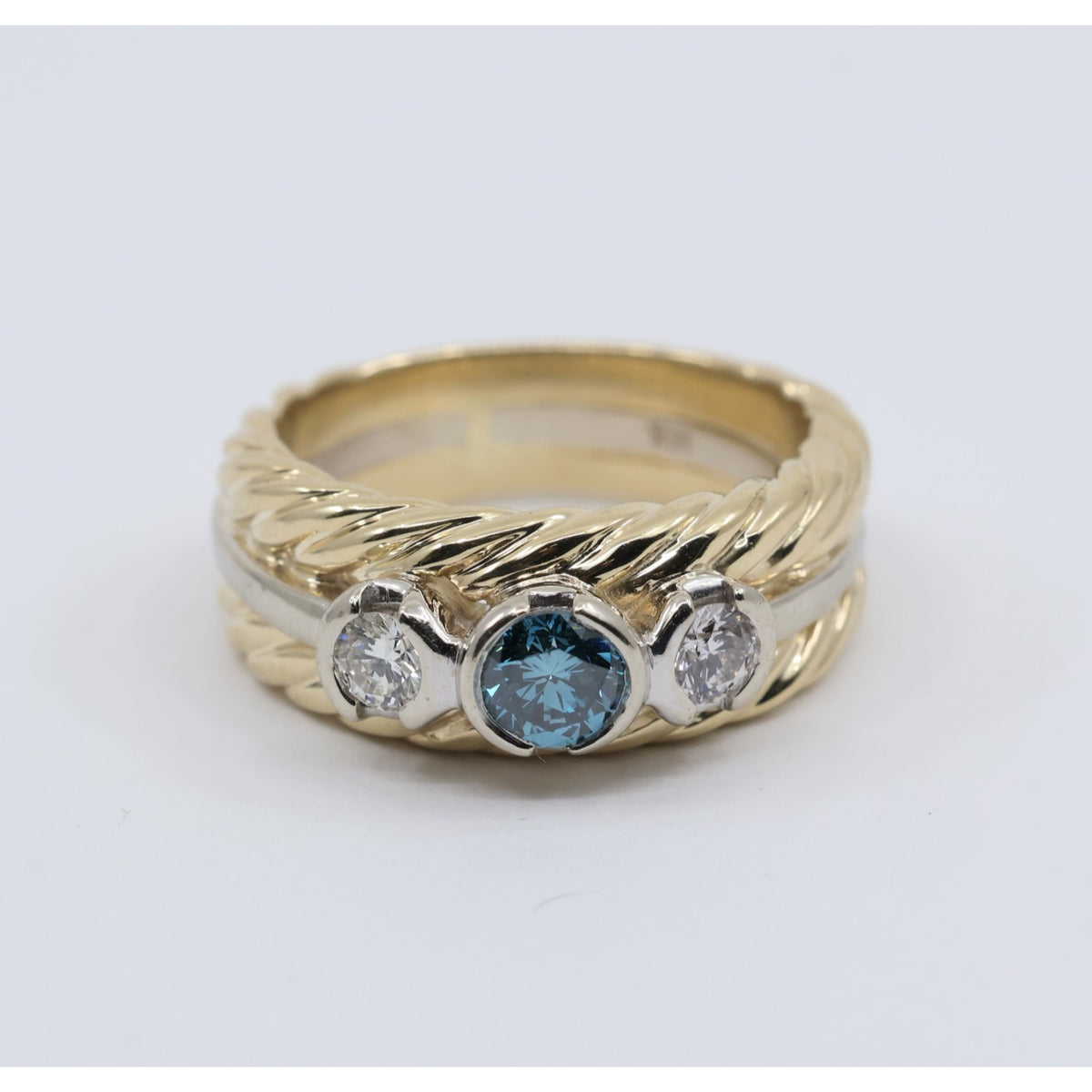 14K Two Tone Gold Greenish Blue & White Diamond Three Stone Ring