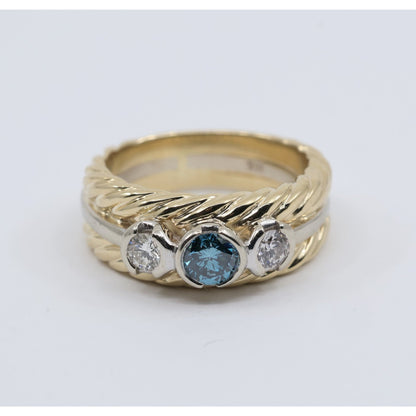 14K Two Tone Gold Greenish Blue & White Diamond Three Stone Ring